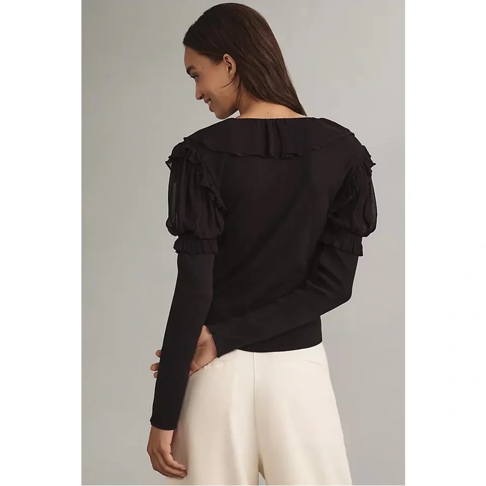 By Anthropologie Black Long-Sleeve Ruffle Top Size Medium - Picture 4 of 13